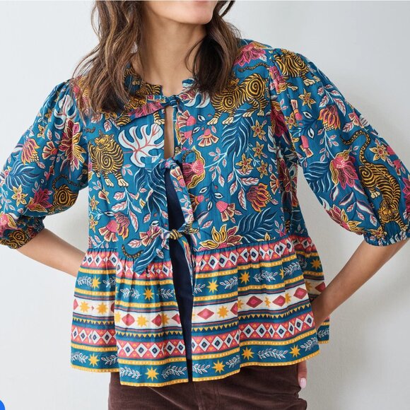 PrintFresh Annabelle Blouse in Tibetan Tigress Tie Front Flutter Hem Top Size S - Picture 2 of 12